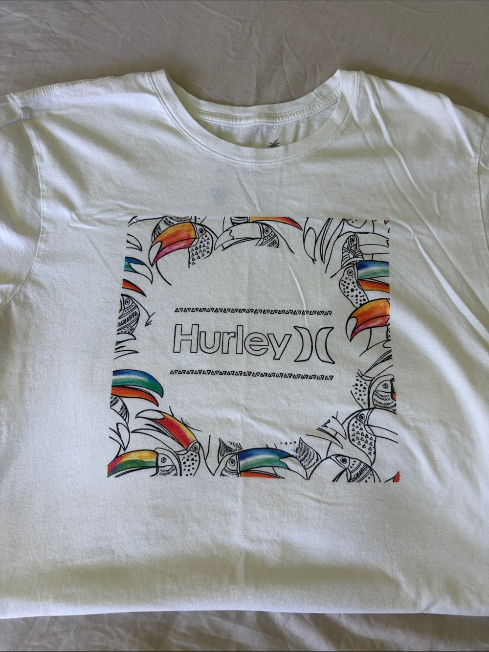 Hurley White Short Sleeve Tee with Multicolor Toucan Graphic